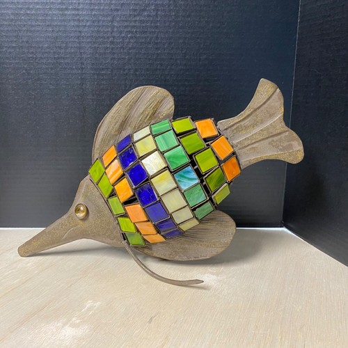 Art Metal Glass Tile Fish Sculpture Beach House 17” Beachy Nautical Decor