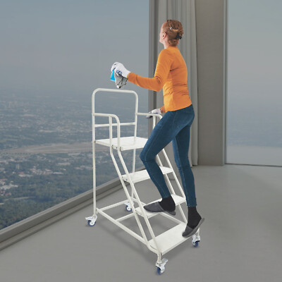 4-Step Rolling Stair Ladder 400kg Capacity With Handrail & Wheel Brakes White