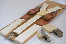 Ivory Cream off-White Elastic Tan Brown Leather Suspenders Braces For all ages