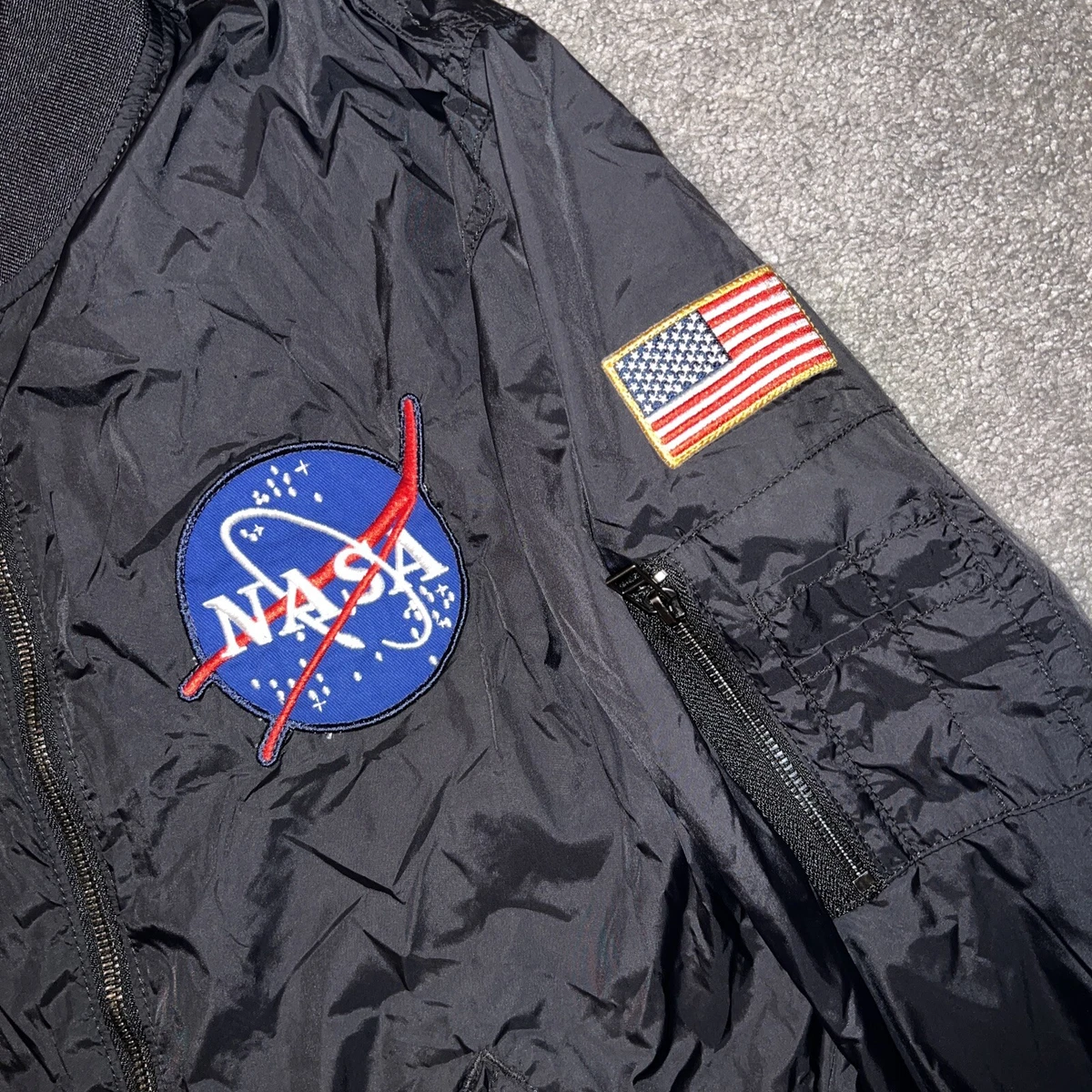 H M NASA Bomber Flight Jacket USA Flag Patch Size Medium Unisex