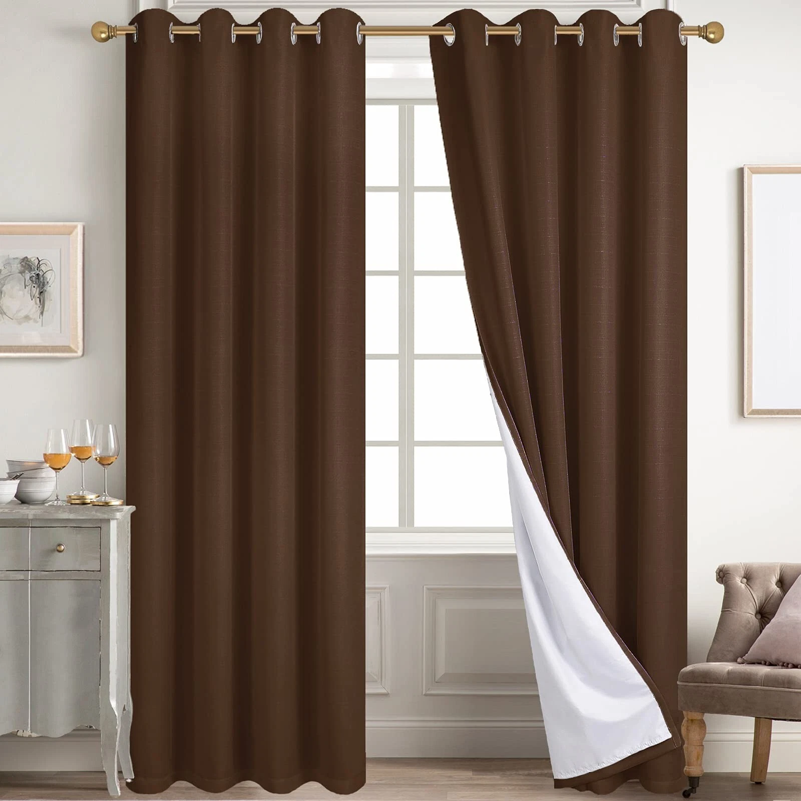 Diraysid 100% Blackout Curtains Chocolate Brown Linen Curtains for Bedroom Gr...