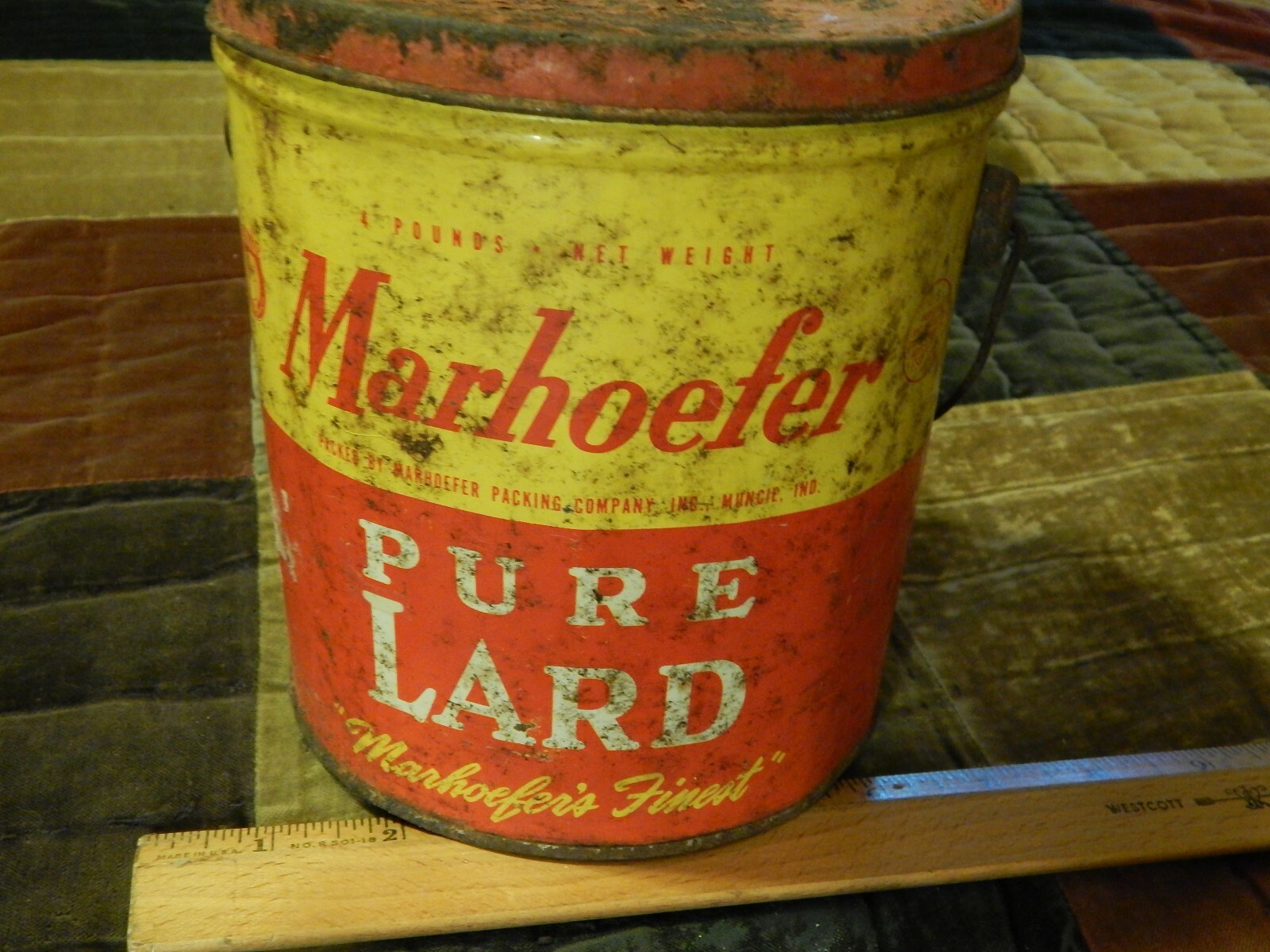 Marhoefer Pure Lard [Muncie, Indiana] 4 Lbs Net Wt. METAL Bucket PAIL