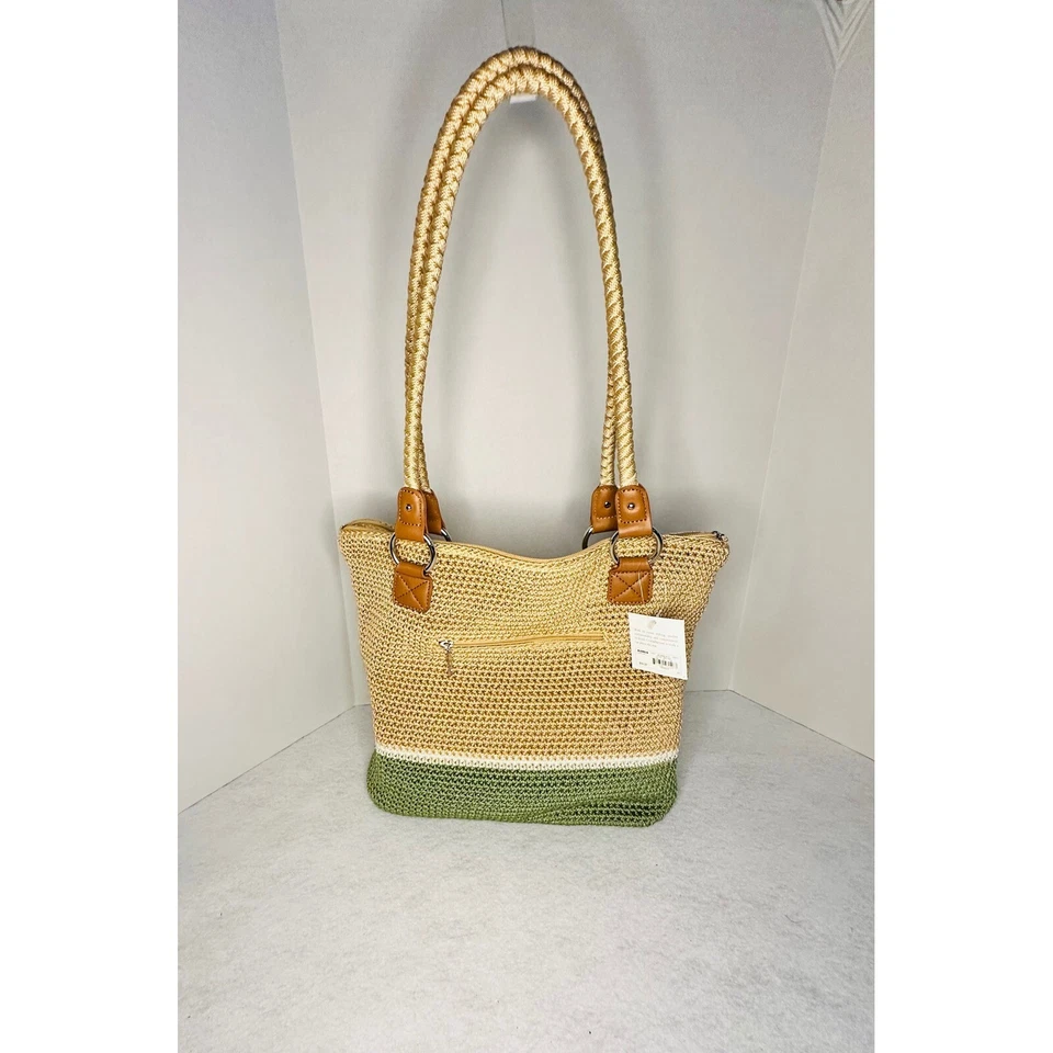 Croft & Barrow Woven Tote Bag, Shoulder Bag, Zip Pocket, Green Beige BNWT - Image 3 of 4