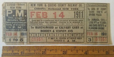 1911 New York Queens County Railway Corona Long Island Trolley Transfer Ticket
