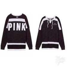 XS NWT VICTORIA SECRET VS PINK Marled Black & White Lace Up Varsity Crew NEW