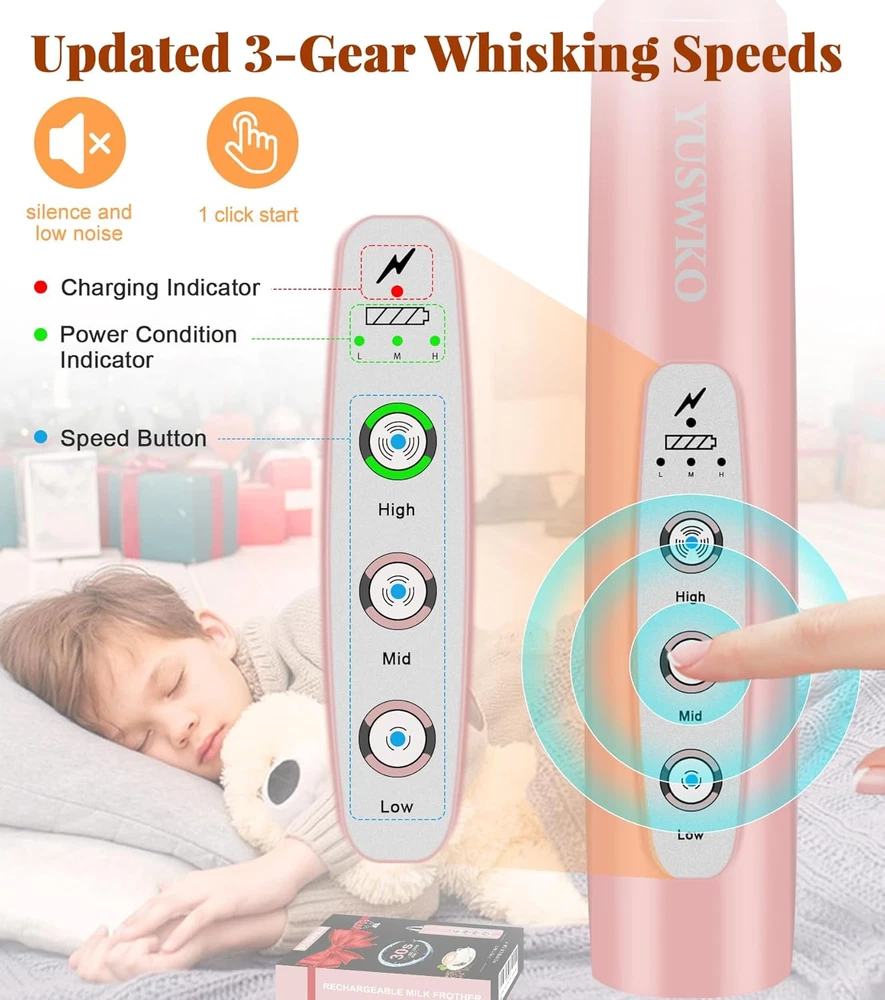 Milk Frother Handheld for Coffee, Rechargeable Drink Mixer with 3 Heads 3 Speeds Milk Frother Handheld for Coffee, Rechargeable Drink Mixer with 3 Heads 3 Speeds