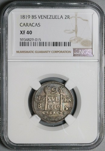 1819 NGC XF 40 Caracas 2 Reales Venezuela F7 Royalist Silver Coin (22032302C) - Picture 5 of 6