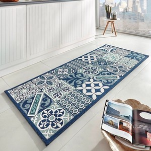 Design Küchenläufer Küchenteppich Flachgewebe Accent Fliesenoptik blau