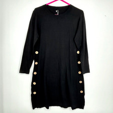 Newshows Womens Size Small Sweater Dress Black Fine Gauge Big Coconut Buttons LS