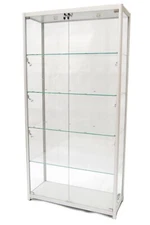 Silver Aluminum Glass Tower Display Showcase with Lockable Doors & LED Lighting