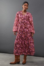Warehouse Womens Wrap Dress Pink Floral Chiffon V-Neck Long Sleeve Midi