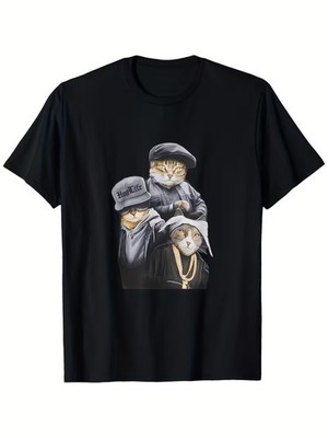 Men's 220g 100% Cotton T-Shirt - Funny Gangster Cat Trio Design with ''Hugg Life''