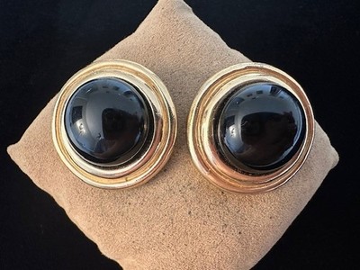 Vintage Ciner Domed Black Cabochon Tiered Gold Tone Bold Mod Clip Earrings
