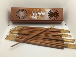  Mother of Pearl Inlay Longevity Symbol Chopsticks Holder Box Iridescent  