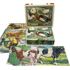 Vintage Farm Animal Wooden Puzzle Blocks Mallard Duck German Shepard Cow Rooster