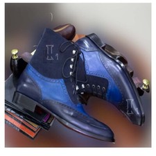 Handmade Men's Blue Leather & Suede Wing Tip High Ankle Leather Boots , Sale !!!