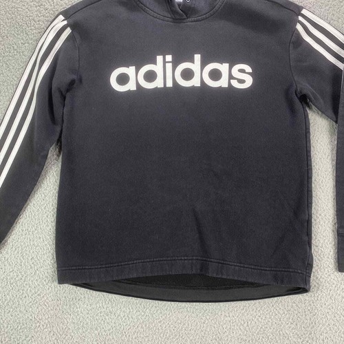 Adidas Sweatshirt Small Kids Black Fleece Hoodie Spell Out Logo 3 Stripe - Picture 2 of 15