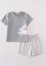 Boy's Boutique Easter Grey Gray Bunny Bunnies Applique Embroidered Embroidery Tw