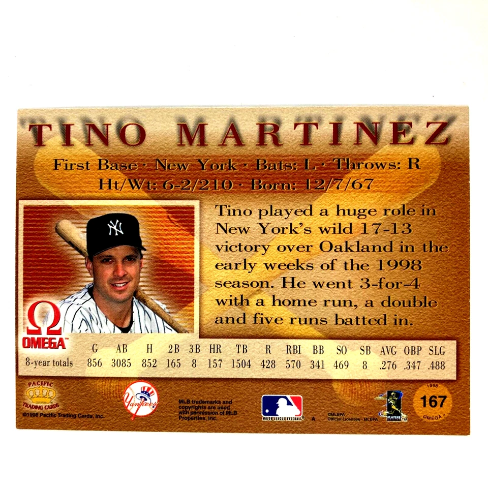 Tino Martinez 1998 Pacific Omega Card #167 MLB New York Yankees - Image 2 of 2
