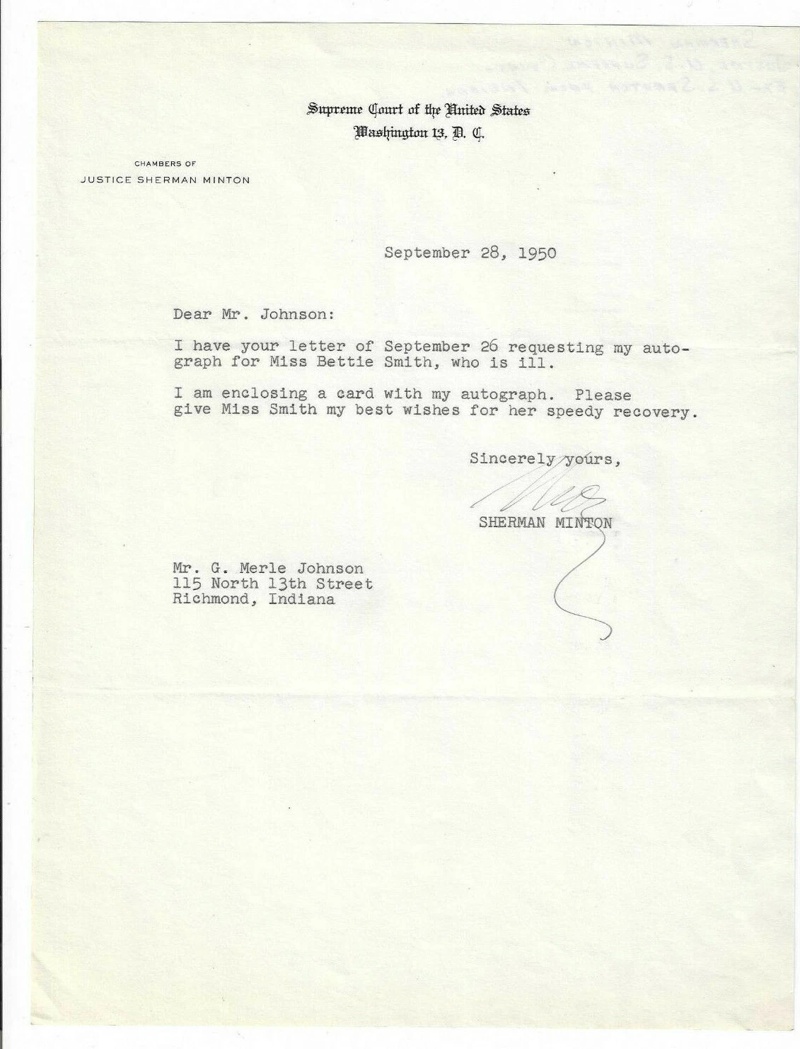 Lettre dactylographiée Sherman Minton signée 1950 / Cour suprême dédicacée