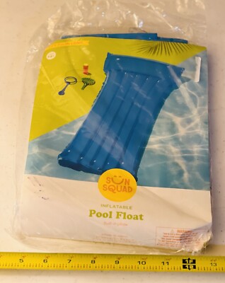 NEW! Sun Squad Inflatable BLUE Pool Mat Float Built In Pillow, 5ft 7.5'' long