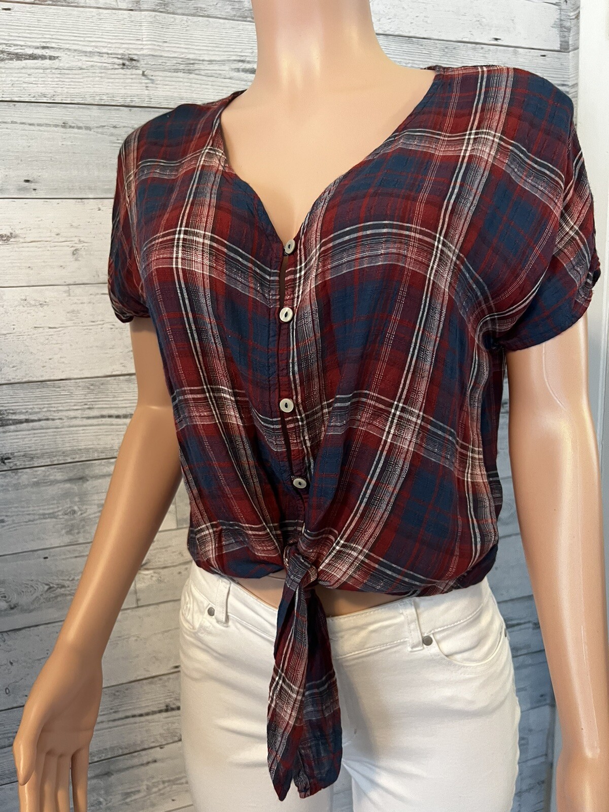 Size Small Maroon plaid Universal Thread Button u… - image 2