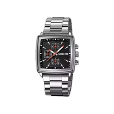 Mens watch chronograph Silver steel strap Time Date Quartz Stop Watch Black UK 