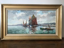 HUILE SUR TOILE SIGNEE ANDRE BORDERIE (1923-1998) BATEAUX DE PECHE AU MOUILLAGE