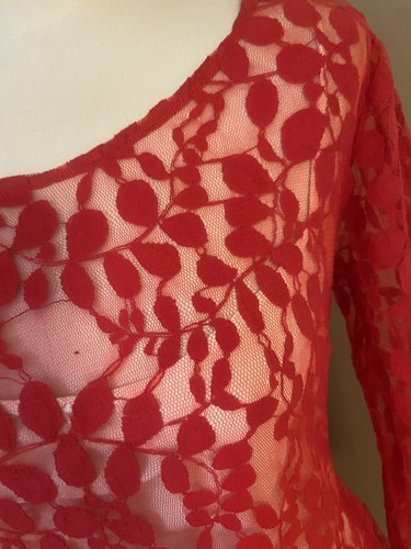 Free People Bright Red Floral Mesh Lace Mini Dress Size 10 NEW - Picture 9 of 13