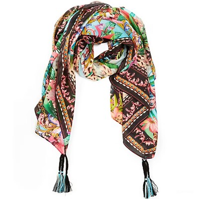 Johnny Was Miller Tigre Scarf Silk White Floral Tassel Scarves Square Large  New