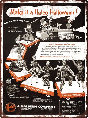 1954 Halco Halloween Costumes Mr.Potato head train Metal Sign Repro 9x12'' 60586