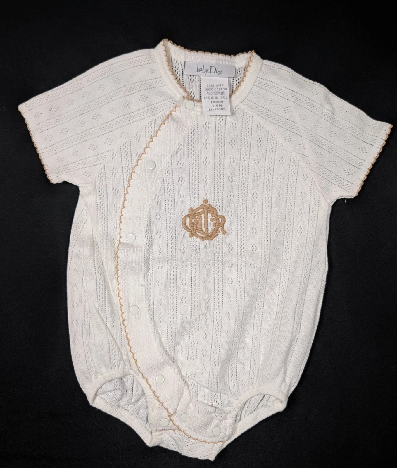 ​Vintage Baby Dior NWOT Pointelle Knit Romper Tan Embroidered Crest Logo USA 3-6