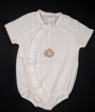   Vintage Baby Dior NWOT Pointelle Knit Romper Tan Embroidered Crest Logo USA 3-6