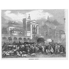 LONDON View of Smithfield Market - Antique Print 1848