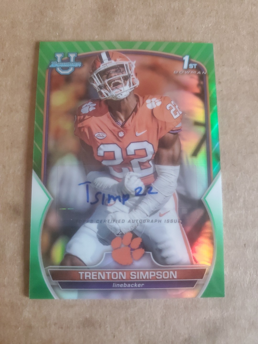 2022 Bowman U Chrome Green Refractor /99 Trenton Simpson Auto Clemson Ravens !!!