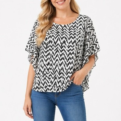 Jennifer Lopez JLO Top Large White Black Deco Chiffon Dolman Poncho Blouse Chic