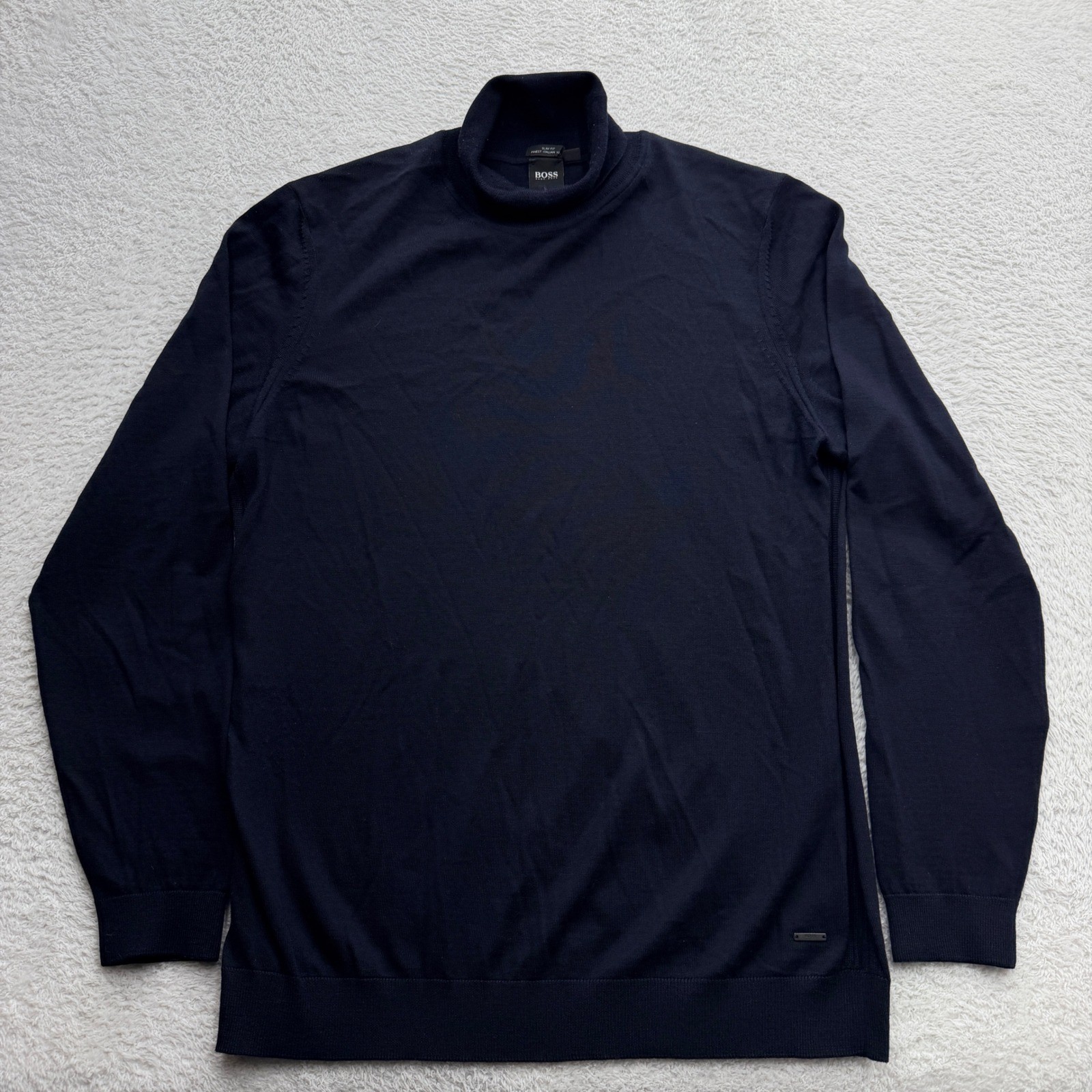 Hugo Boss Mens Slim Fit Navy Blue Turtleneck Sweater Italian Yarn XL