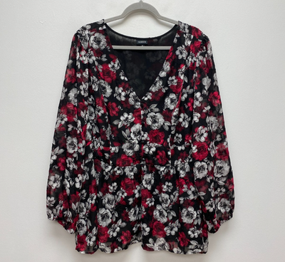 #ad Torrid Womens Black Blouse Top 5X Floral Button Front Stretch V Neck 3 4 Sleeve $16.87