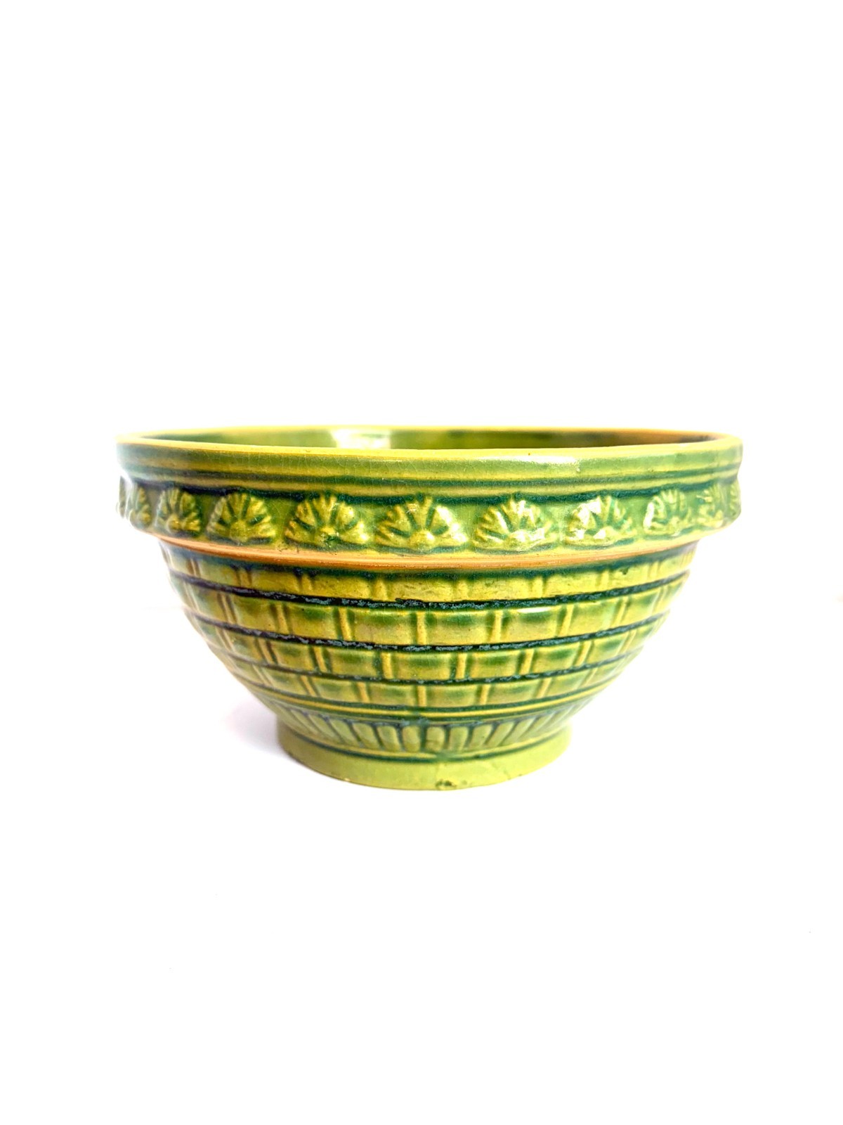 Robinson Ransbottom Pottery Basket Weave Green Bowl with Fan Motif