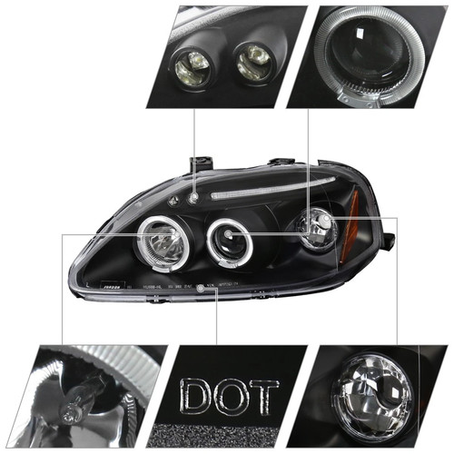 Black Projector Headlights Fits 1999-2000 Honda Civic LED Halo Lamps Left+Right - Picture 4 of 7