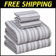 Deep Pocket Flannel Bed Sheets Set - Breathable and Soft Full Size, Grey Stripes