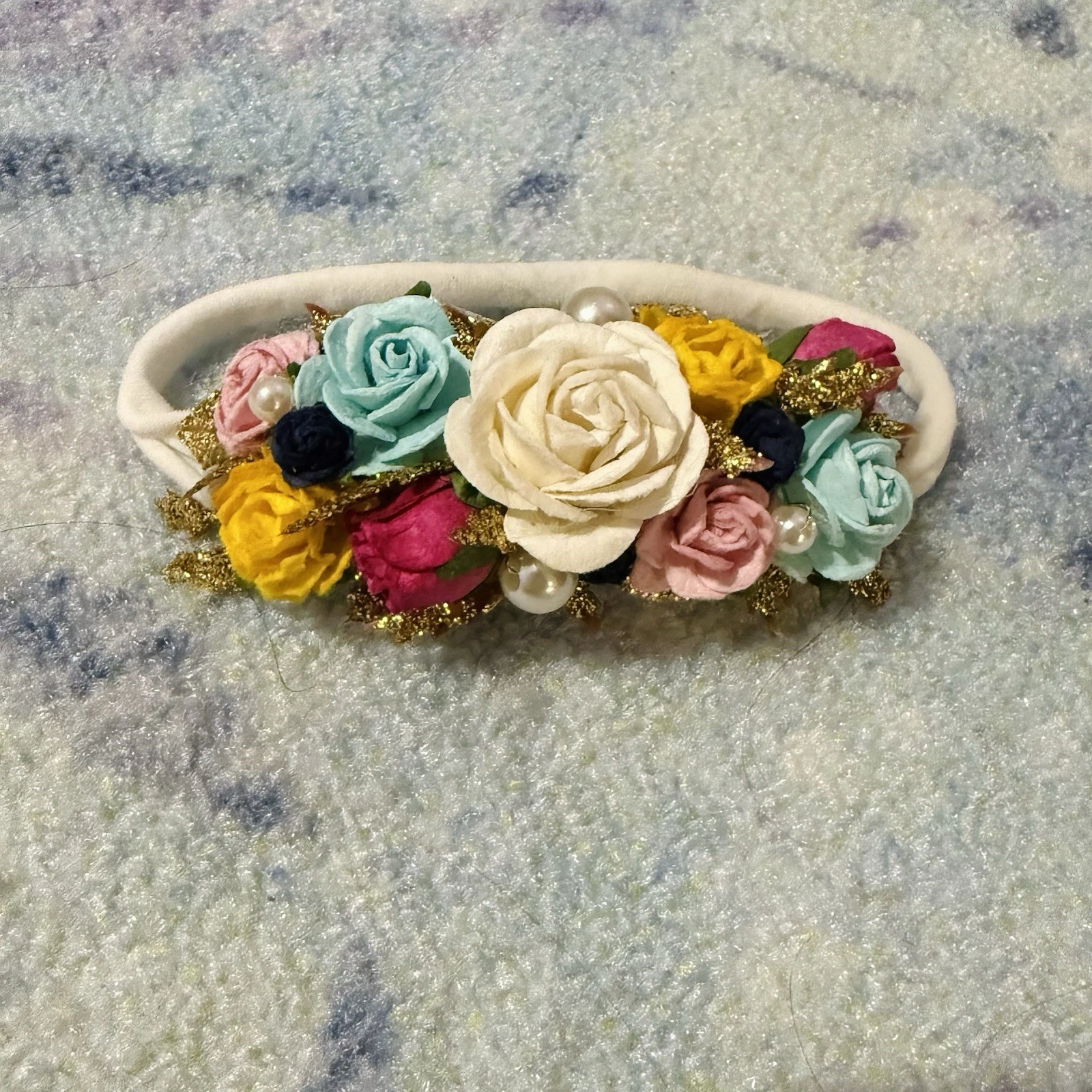 Lorelei and Layla Custom Handmade Nylon Headband Spring Floral Flowers Gold