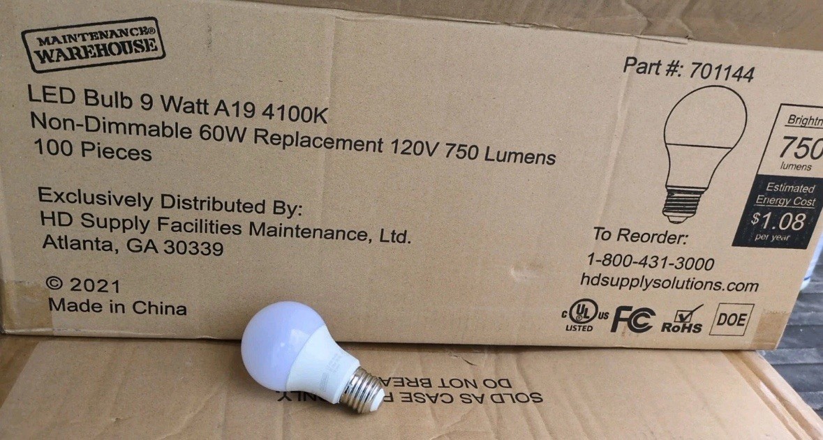 100 PACK LED Light Bulb 9W A19 4100K 750 Lumens - 60W Replacement - 120V, NEW!