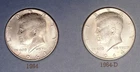 THE TWO 90% SILVER KENNEDY HALF DOLLARS, 1964 P & D - BOTH AU !