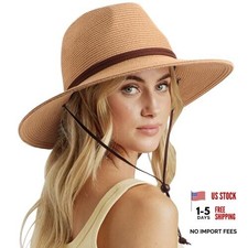 Womens Summer Straw Sun Hat Wide Brim One Size 1 Pc Panama Fedora: Khaki