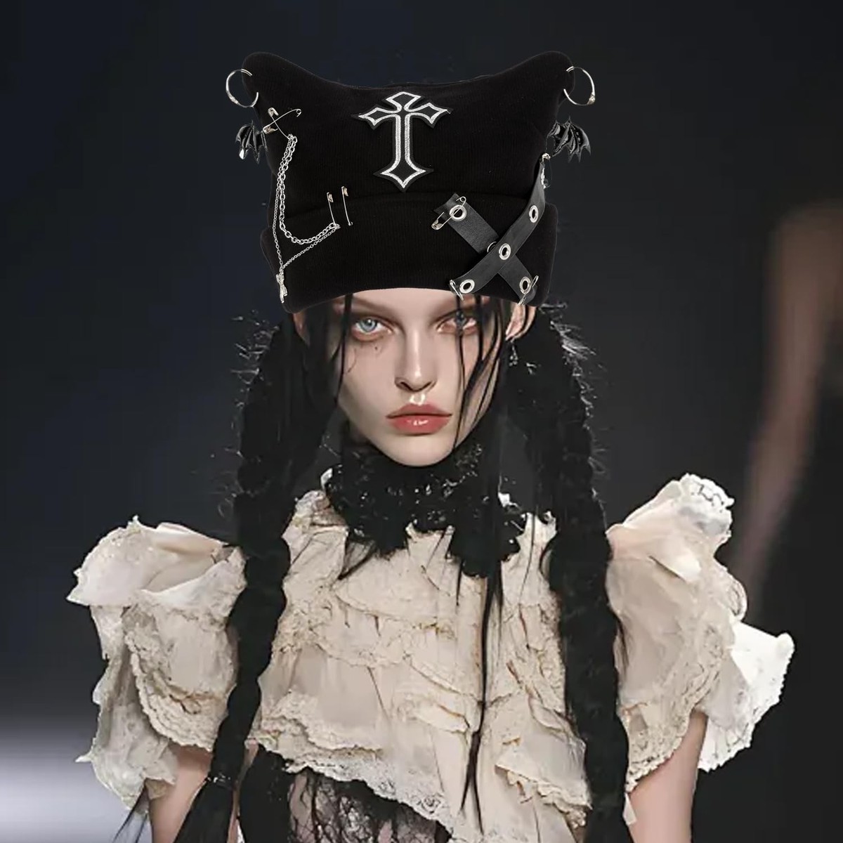 00s archive フェイクファーボンボンイヤーキャップ Y2K 黒 Y2K Gothic Cat Ear Beanie Hat Grunge Crochet Fox Ears Goth