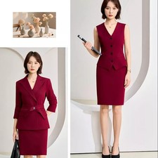 Tailleur Rosso Bordeaux Donna Elegante 3 Pezzi Con Gonna E Gilet CF56592