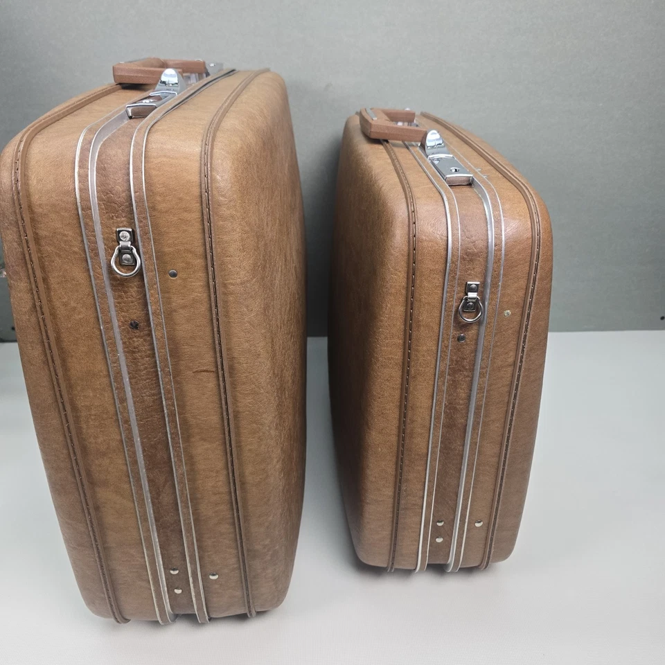 Vntg Airway Suitcase 2pc Set Mid Century Hardshell Luggage Retro Tan BROWN  - Image 2 of 4