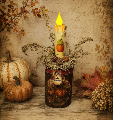 Handmade Primitive Country Fall Pumpkin LED Candle Can Decor