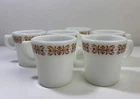 Vintage PYREX Copper Filigree Milk Glass Coffee Mug; White/Brown Floral Set of 6
